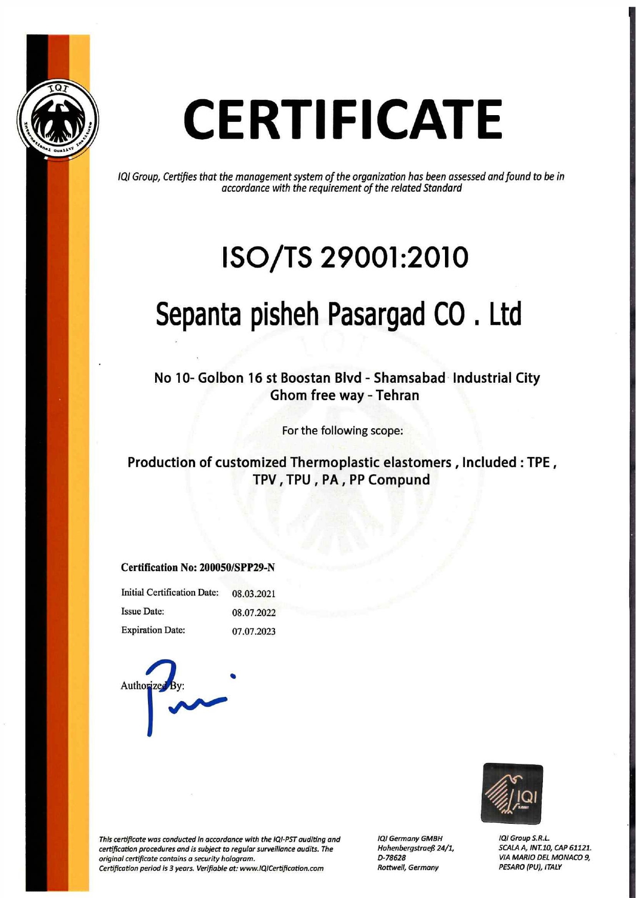 sepanta pisheh pasargad Co . ltd certificate