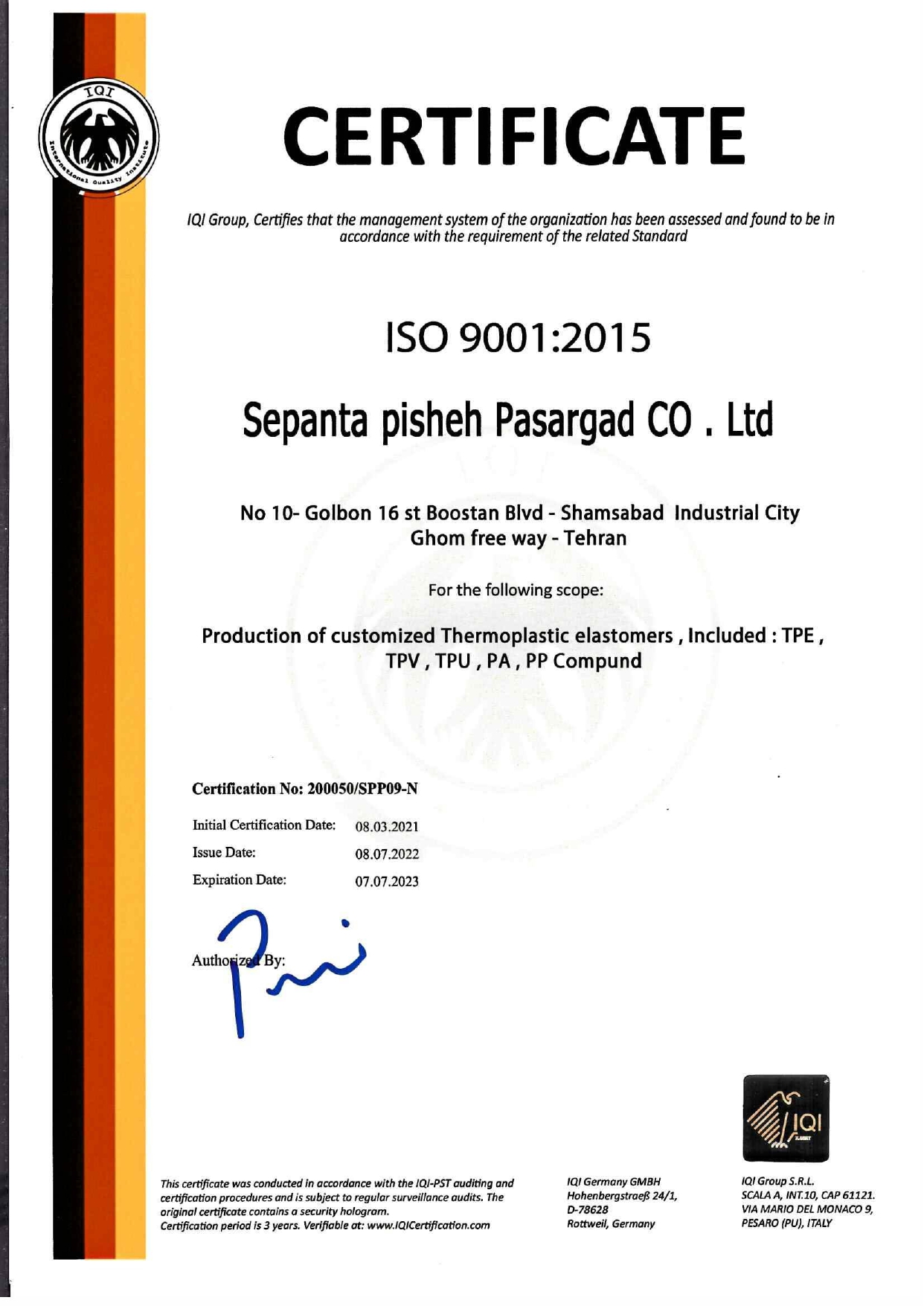 sepanta pisheh pasargad Co . ltd certificate