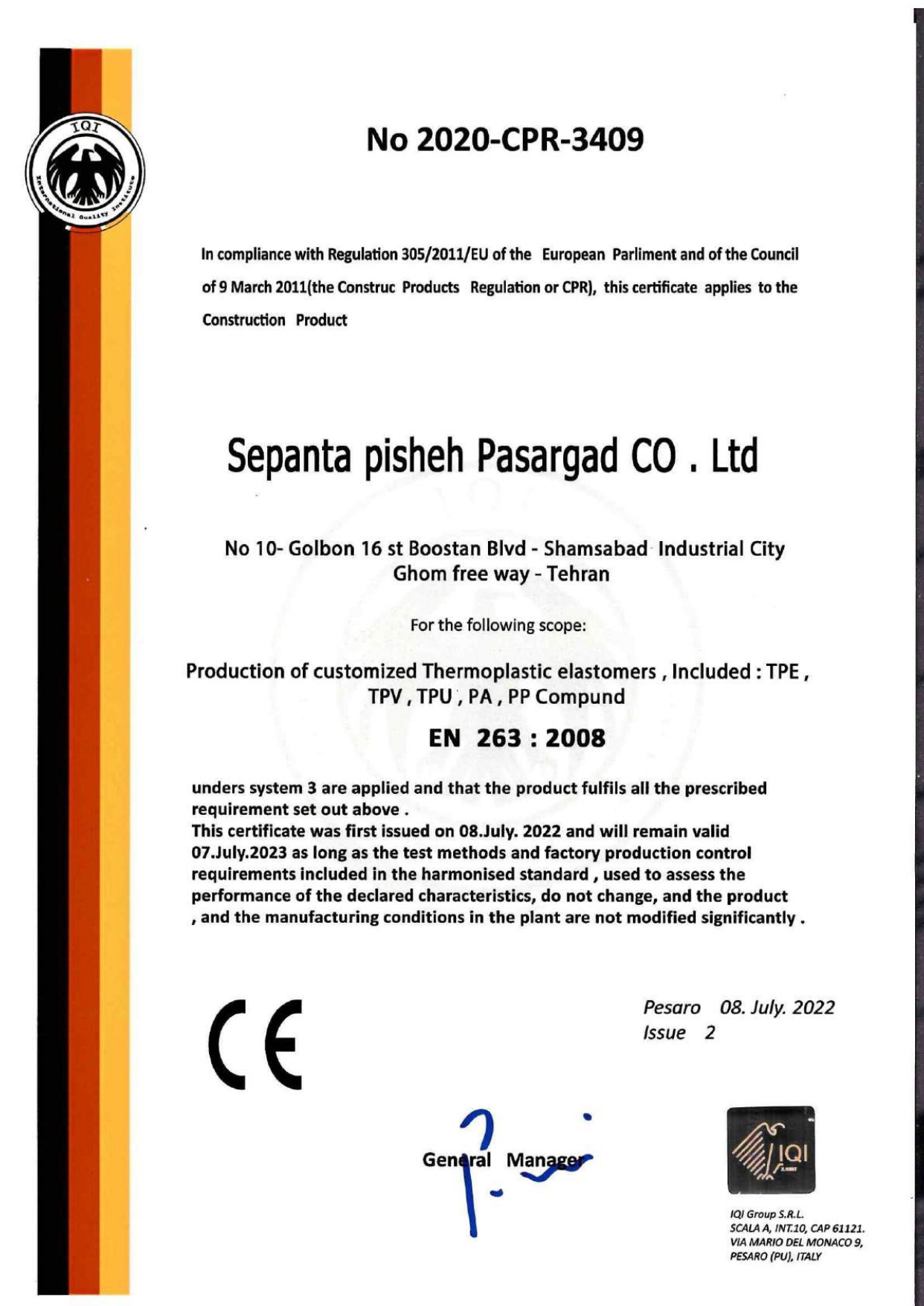 sepanta pisheh pasargad Co . ltd certificate